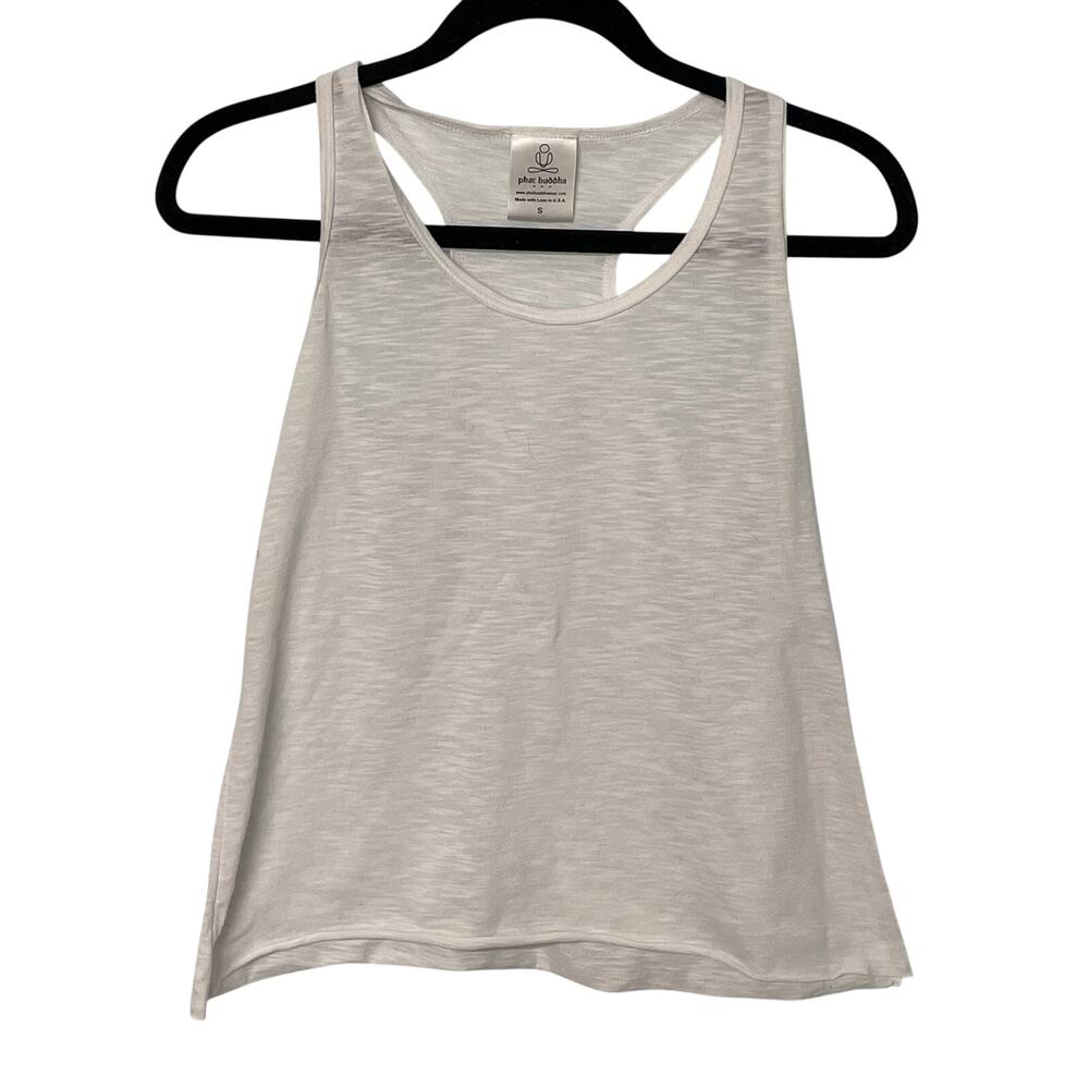 Phat Buddha Racerback Tank Top White S Raw Hem Athleisure Minimalist USA
